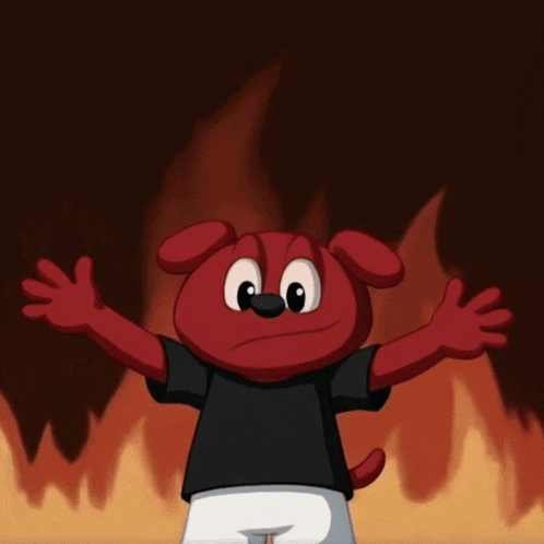 a cartoon character is standing in front of a fire with his arms outstretched