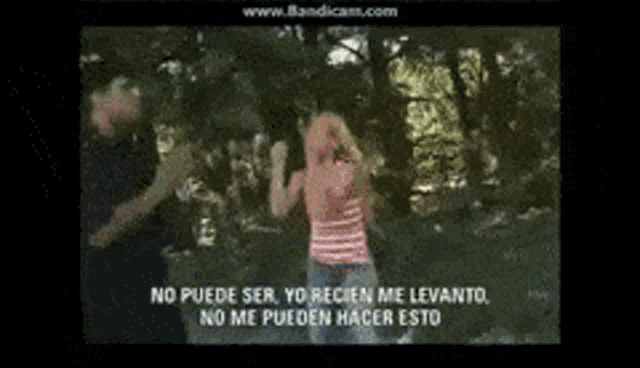 a man and a woman are standing in a forest with a caption that says no puede ser yo recien me levanto