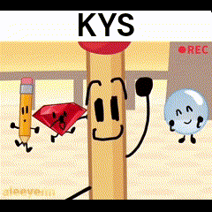 a cartoon drawing of a pencil , a diamond , and a sphere with the word kys on the bottom