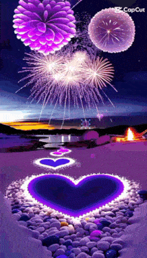 a purple heart is surrounded by rocks and fireworks in the background .