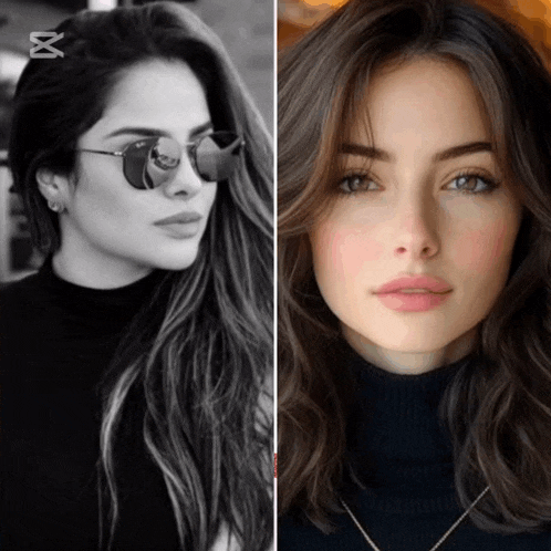 a black and white photo of a woman wearing sunglasses and a close up of a woman wearing a black turtleneck