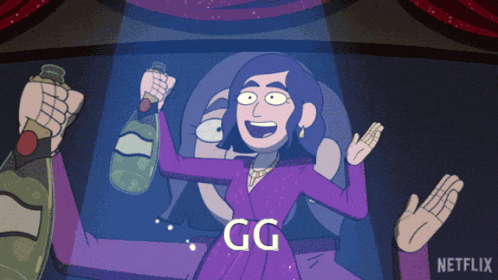 a woman in a purple dress is holding a bottle of champagne and says " gg " on the bottom