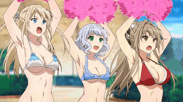 three anime girls in bikinis cheer with their arms in the air