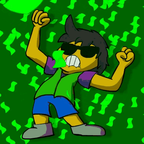 a cartoon character wearing sunglasses and a green vest is standing in front of a green background