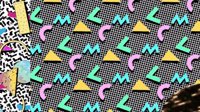 a seamless pattern of colorful triangles and letters on a black and white background .