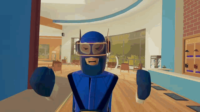 a blue robot is standing in a room with a brick wall