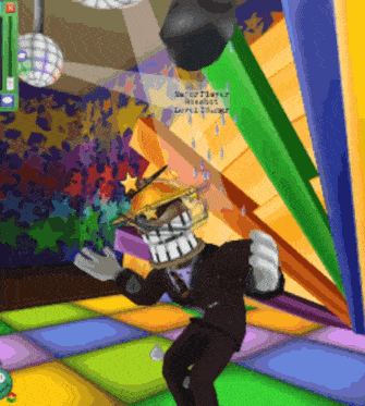 a man in a suit is dancing on a colorful dance floor in a game