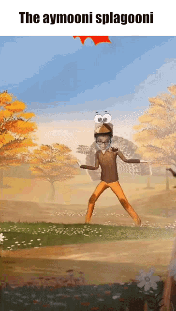 a cartoon of a boy flying a kite with the words the aymooni splageoni below him