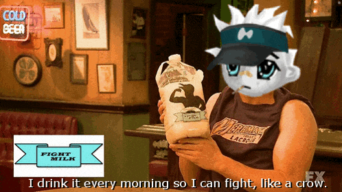 a man is holding a gallon of milk and says " i drink it every morning so i can fight " like a crow