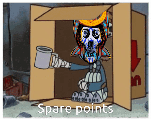 a cartoon of a skull in a cardboard box with the words spare points written below it