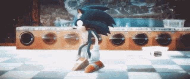 sonic the hedgehog is dancing in front of a laundromat .