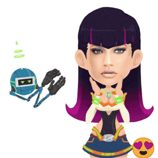 a cartoon drawing of a woman with a robot behind her and the word wow in the background