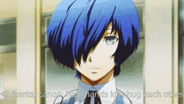 a picture of a blue haired anime character with the words < 3 ikerizu canon hold hands kiss hug each other >
