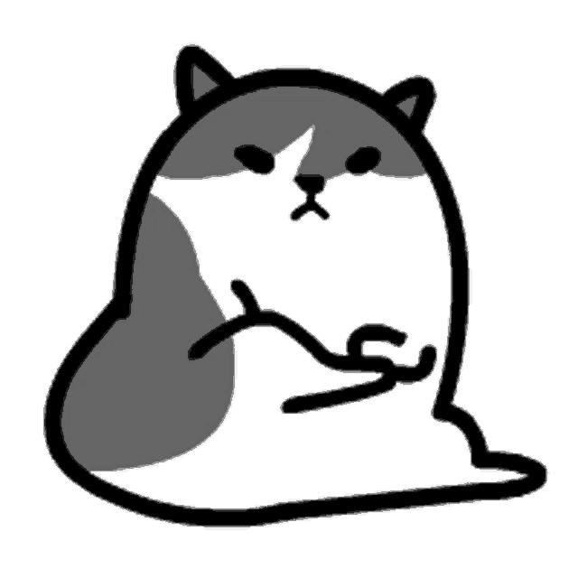 a black and white drawing of a cat with an angry face