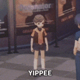 a cartoon character is standing on a sidewalk and says yippee .