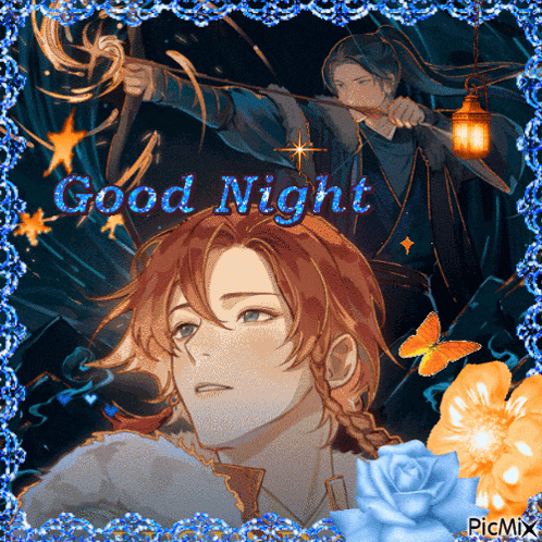a picture of a man holding a lantern with the words good night written on it