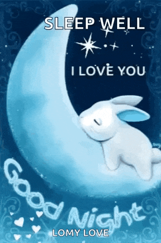 a rabbit is sleeping on a crescent moon with the words `` sleep well i love you '' written on it .
