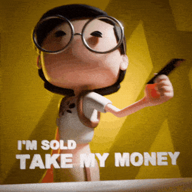 a cartoon character holding a credit card with the words " i 'm sold take my money " behind him