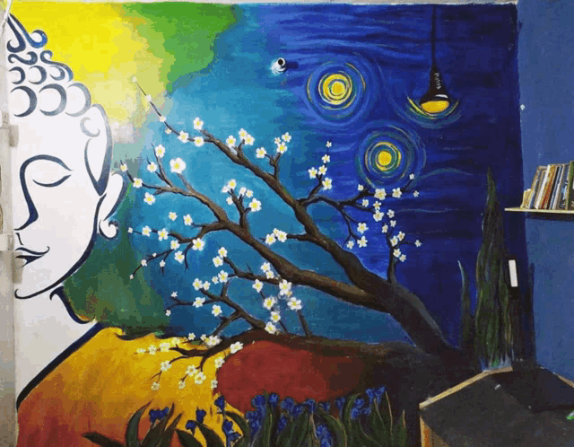 a painting of a buddha and a tree with flowers on it