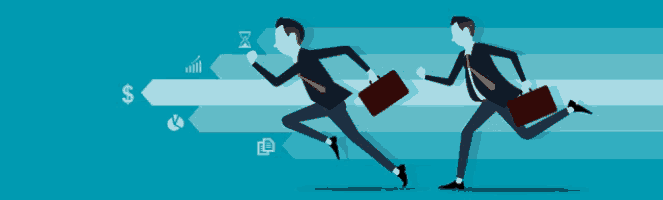 a cartoon illustration of two men running with briefcases and a dollar sign in the background