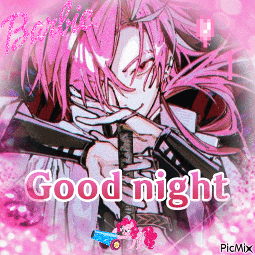 a girl with pink hair is holding a sword and the words good night are above her