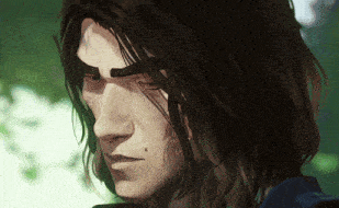 a close up of a man 's face with long hair and red eyes