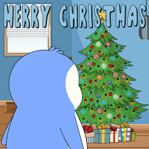 a blue and white penguin standing in front of a christmas tree with the words merry christmas written above it