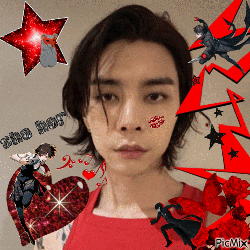 a man in a red shirt is surrounded by red hearts and a star with the words she her written on it