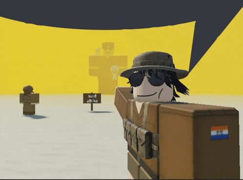 a roblox character holding a gun with a sign that says " you 'll strike "