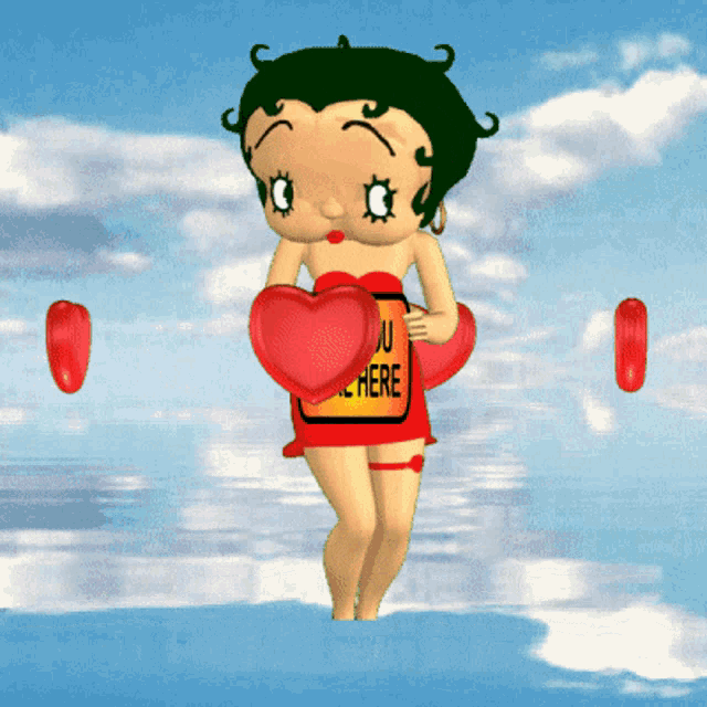 a betty boop cartoon character holding a heart and a sign that says " you are here "