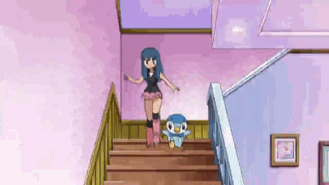 a girl is walking down a set of stairs with a penguin .
