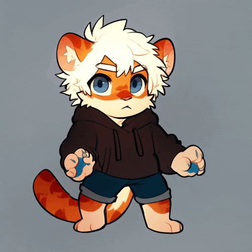 a cartoon drawing of a cat wearing a black hoodie and shorts