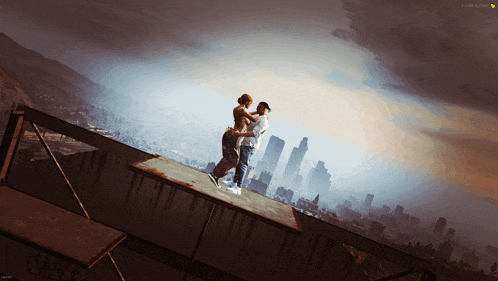 a man and a woman are dancing on top of a building