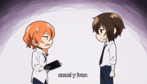 a couple of anime characters are standing next to each other and talking .
