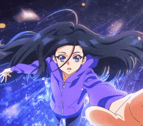 a girl with long black hair and blue eyes is wearing a purple sweatshirt