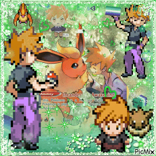 a pixel art of a boy holding an eevee and another boy holding an ability