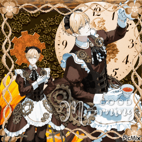 a picture of two maids with a clock in the background and the words good morning written on the bottom