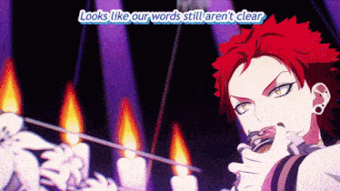 a red haired anime character with the words " looks like our words still aren 't clear " below him