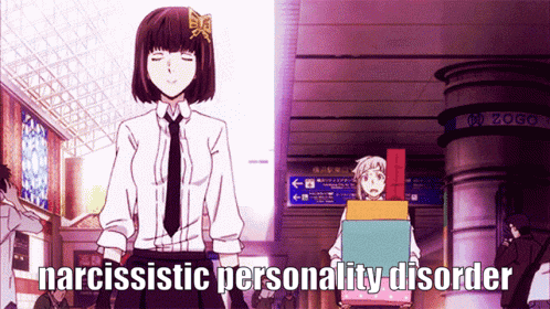 a cartoon of a woman with narcissistic personality disorder written on the bottom
