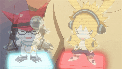 a cartoon character wearing headphones is standing next to another cartoon character