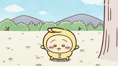 a cartoon drawing of two rabbits in a field with mountains in the background