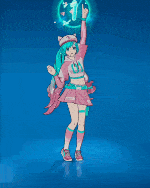 a girl in a white hat is dancing in a blue room
