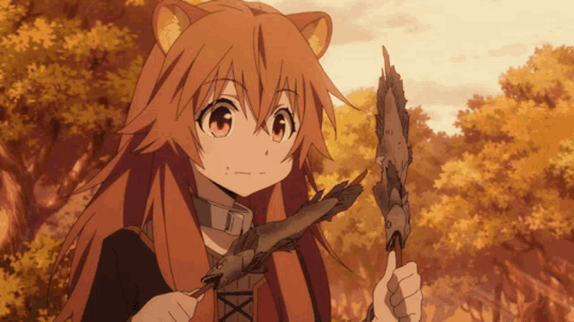 a girl with long red hair is holding a stick with a bird on it