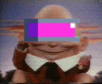 a close up of a person 's face with a purple and blue square on it