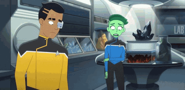 two cartoon characters standing next to each other in a lab