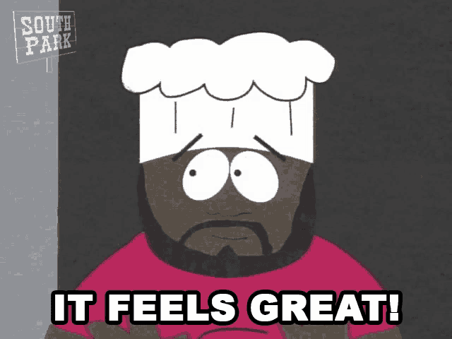 a cartoon character with a chef 's hat on says it feels great