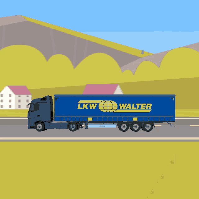 a blue and yellow lkw walter semi truck is driving down the road