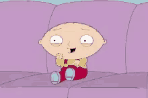 a cartoon character is sitting on a purple couch and smiling