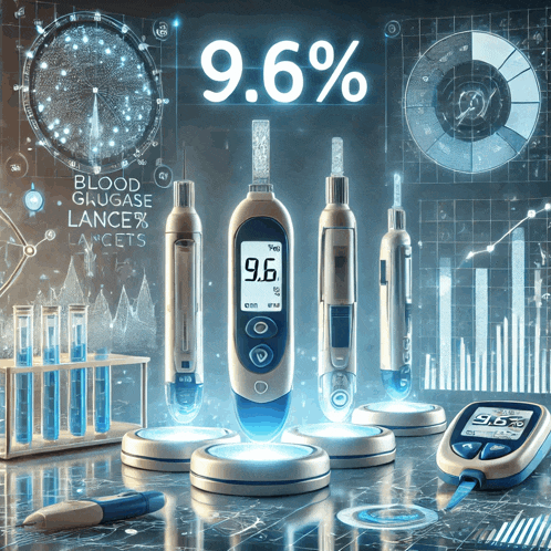 a display of blood glucose lancets and a percentage of 9.6%