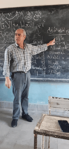 a man stands in front of a chalkboard with arabic writing on it